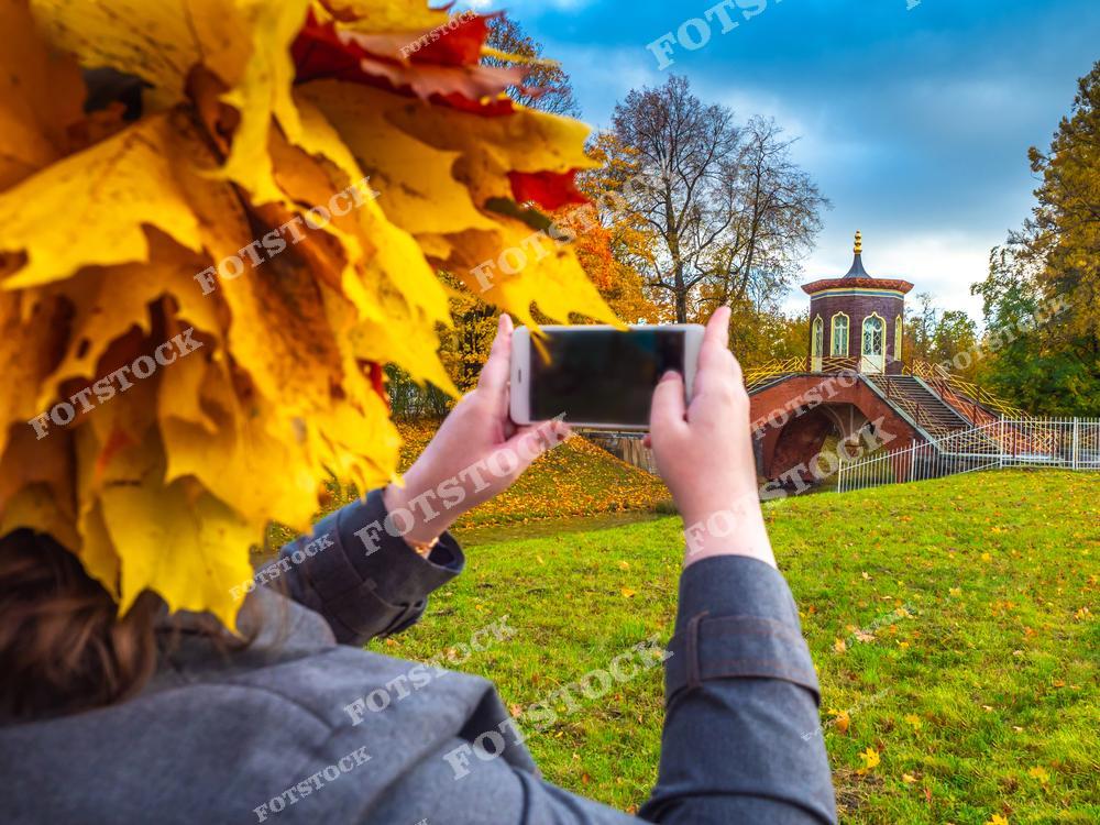 На фотографии запечатлен момент фотосъемки Китайского мостика в Царском Селе. Венок из ярко-желтых кленовых листьев создает осеннюю атмосферу и дополняет композицию, придавая кадру теплоту и уют. Китайский мостик — один из знаменитых элементов парка, известный своей необычной архитектурой и гармонией с природой.